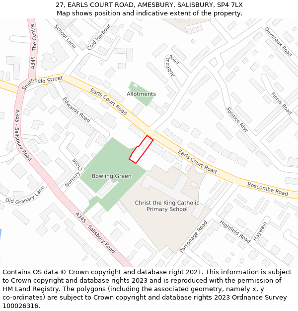 27, EARLS COURT ROAD, AMESBURY, SALISBURY, SP4 7LX: Location map and indicative extent of plot