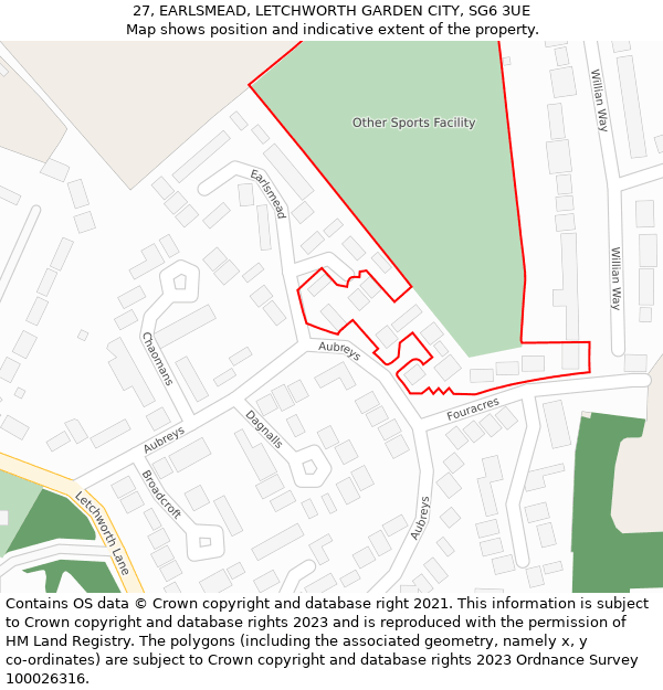27, EARLSMEAD, LETCHWORTH GARDEN CITY, SG6 3UE: Location map and indicative extent of plot