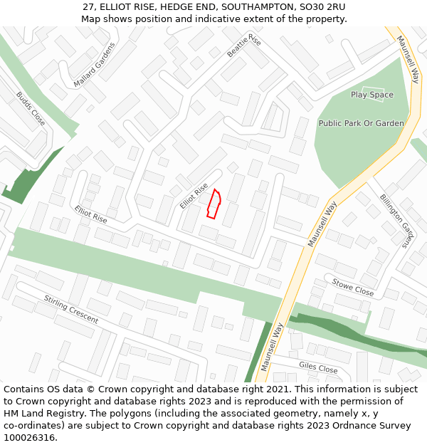 27, ELLIOT RISE, HEDGE END, SOUTHAMPTON, SO30 2RU: Location map and indicative extent of plot