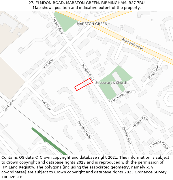 27, ELMDON ROAD, MARSTON GREEN, BIRMINGHAM, B37 7BU: Location map and indicative extent of plot