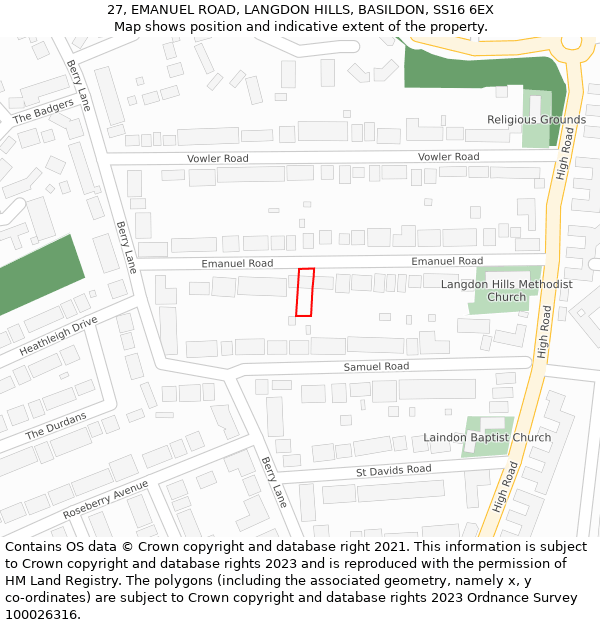27, EMANUEL ROAD, LANGDON HILLS, BASILDON, SS16 6EX: Location map and indicative extent of plot