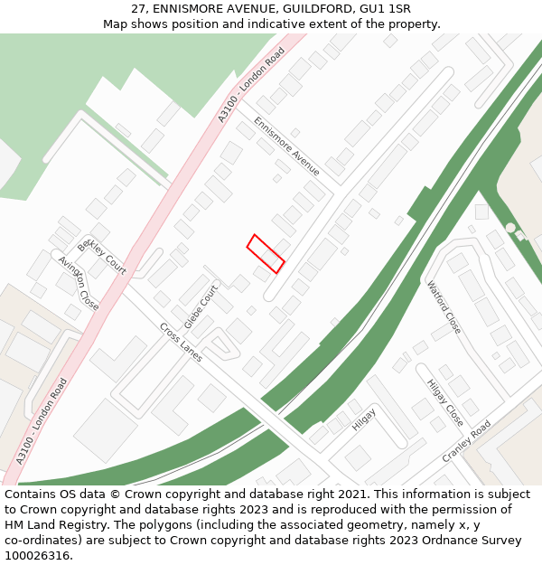 27, ENNISMORE AVENUE, GUILDFORD, GU1 1SR: Location map and indicative extent of plot