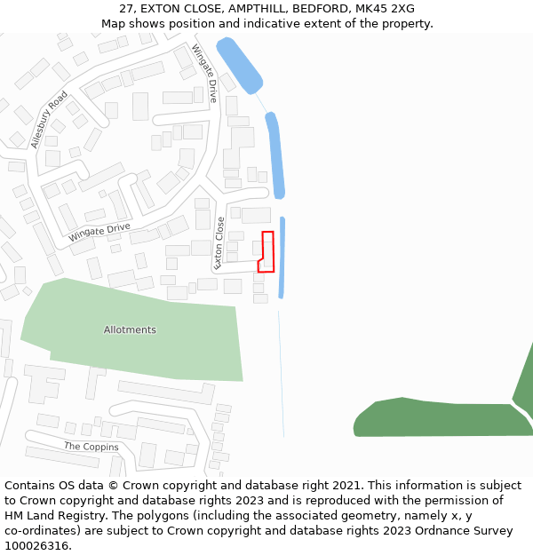 27, EXTON CLOSE, AMPTHILL, BEDFORD, MK45 2XG: Location map and indicative extent of plot