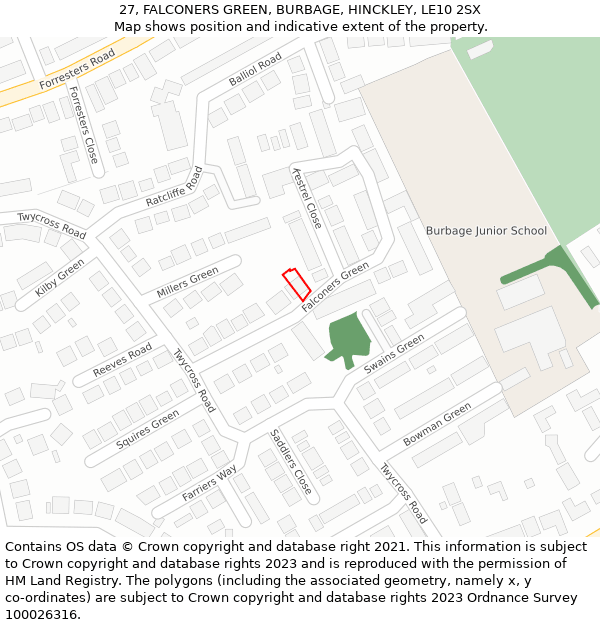 27, FALCONERS GREEN, BURBAGE, HINCKLEY, LE10 2SX: Location map and indicative extent of plot
