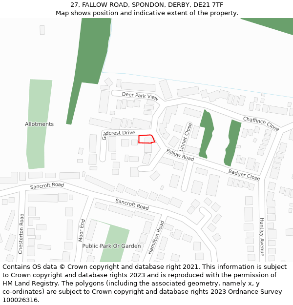 27, FALLOW ROAD, SPONDON, DERBY, DE21 7TF: Location map and indicative extent of plot