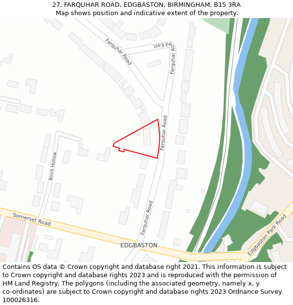 27, FARQUHAR ROAD, EDGBASTON, BIRMINGHAM, B15 3RA: Location map and indicative extent of plot