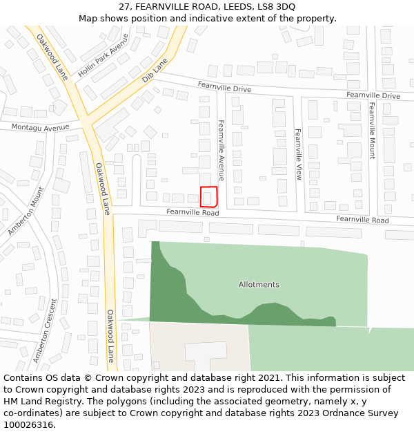 27, FEARNVILLE ROAD, LEEDS, LS8 3DQ: Location map and indicative extent of plot