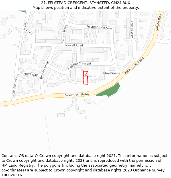 27, FELSTEAD CRESCENT, STANSTED, CM24 8UX: Location map and indicative extent of plot