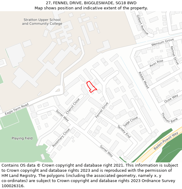 27, FENNEL DRIVE, BIGGLESWADE, SG18 8WD: Location map and indicative extent of plot