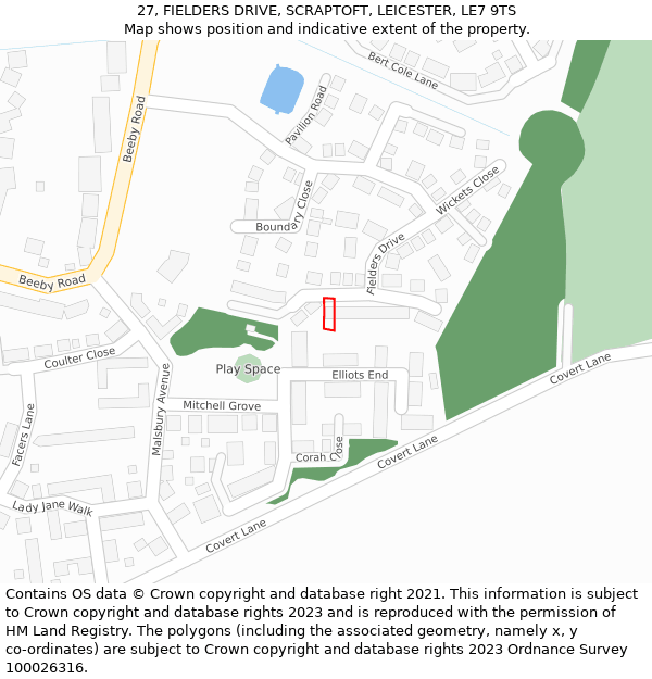 27, FIELDERS DRIVE, SCRAPTOFT, LEICESTER, LE7 9TS: Location map and indicative extent of plot