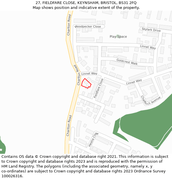 27, FIELDFARE CLOSE, KEYNSHAM, BRISTOL, BS31 2FQ: Location map and indicative extent of plot