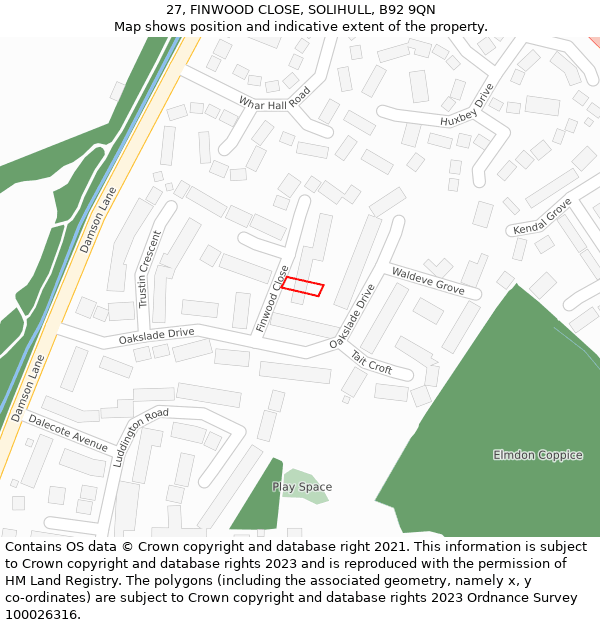 27, FINWOOD CLOSE, SOLIHULL, B92 9QN: Location map and indicative extent of plot