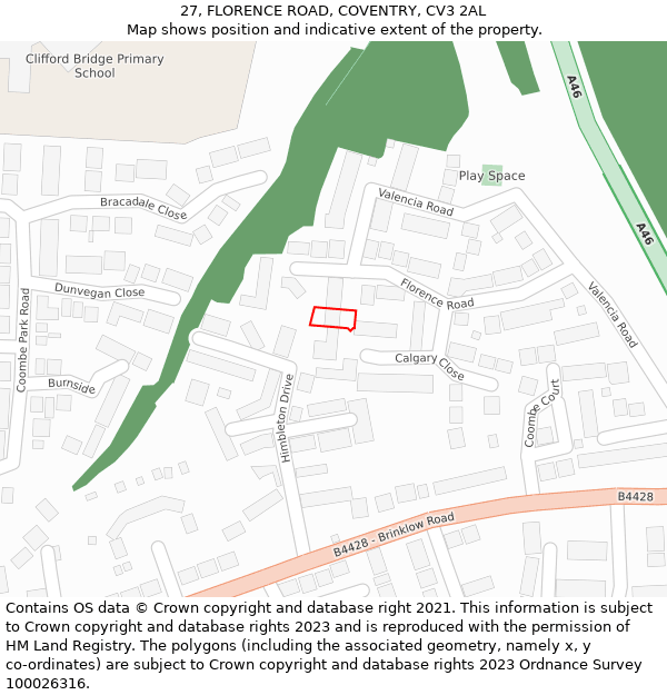 27, FLORENCE ROAD, COVENTRY, CV3 2AL: Location map and indicative extent of plot