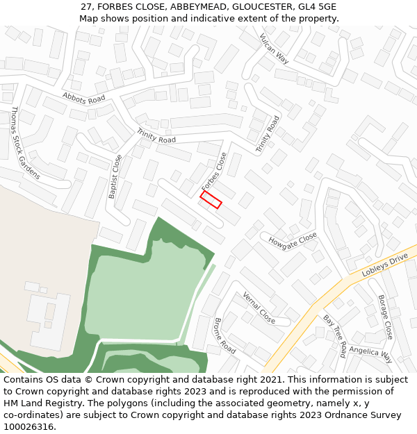 27, FORBES CLOSE, ABBEYMEAD, GLOUCESTER, GL4 5GE: Location map and indicative extent of plot