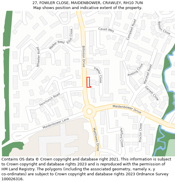 27, FOWLER CLOSE, MAIDENBOWER, CRAWLEY, RH10 7UN: Location map and indicative extent of plot