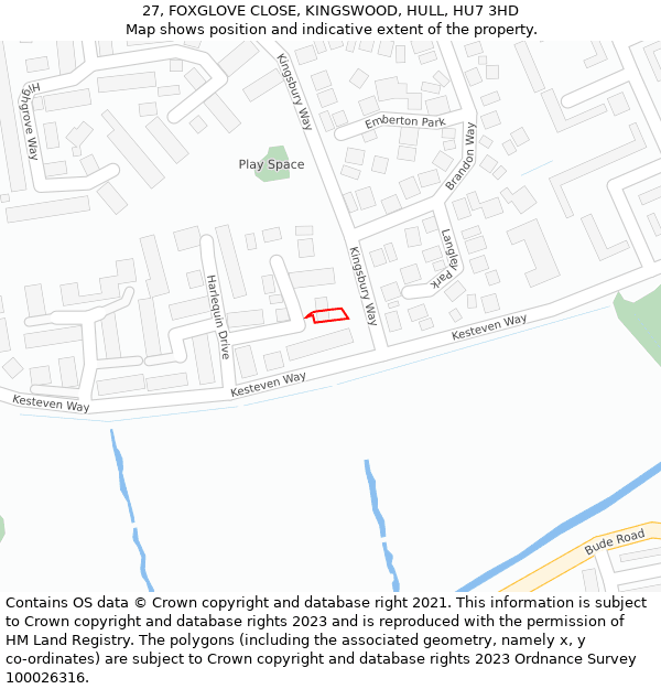 27, FOXGLOVE CLOSE, KINGSWOOD, HULL, HU7 3HD: Location map and indicative extent of plot