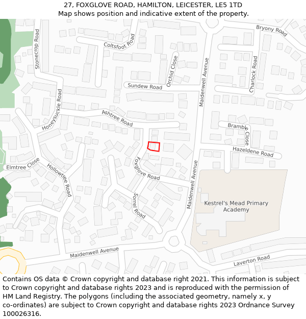 27, FOXGLOVE ROAD, HAMILTON, LEICESTER, LE5 1TD: Location map and indicative extent of plot