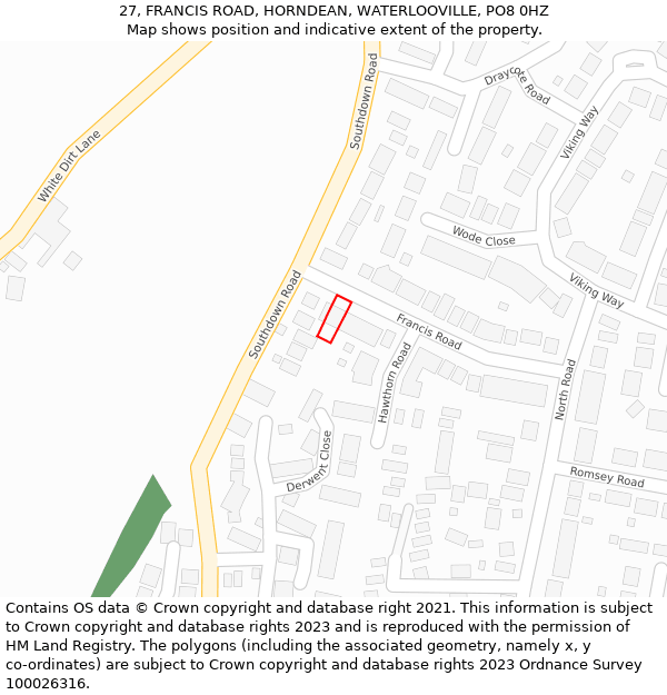 27, FRANCIS ROAD, HORNDEAN, WATERLOOVILLE, PO8 0HZ: Location map and indicative extent of plot