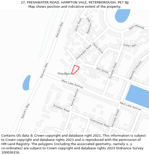27, FRESHWATER ROAD, HAMPTON VALE, PETERBOROUGH, PE7 8JJ: Location map and indicative extent of plot