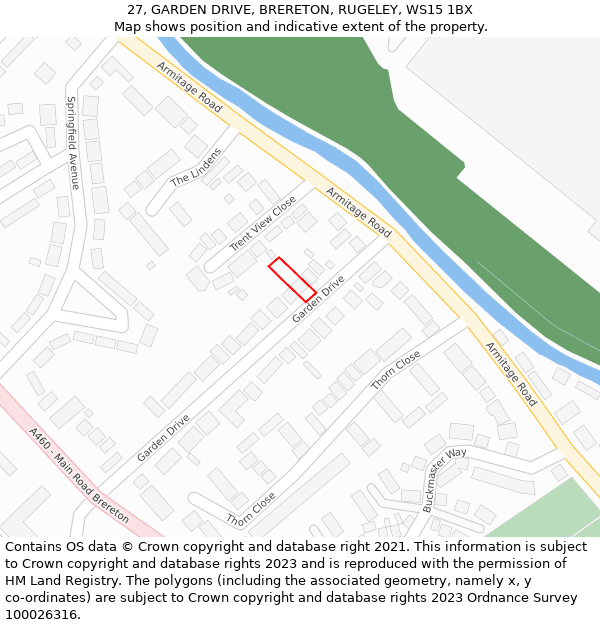 27, GARDEN DRIVE, BRERETON, RUGELEY, WS15 1BX: Location map and indicative extent of plot