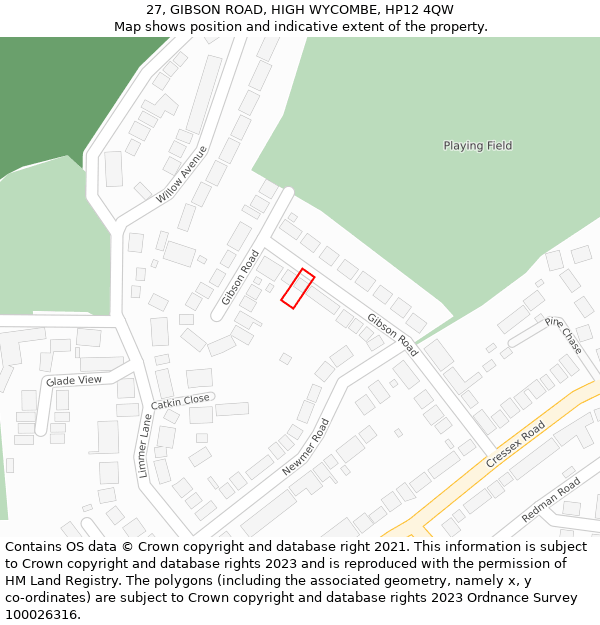 27, GIBSON ROAD, HIGH WYCOMBE, HP12 4QW: Location map and indicative extent of plot