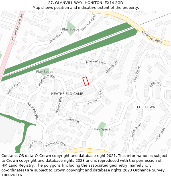 27, GLANVILL WAY, HONITON, EX14 2GD: Location map and indicative extent of plot