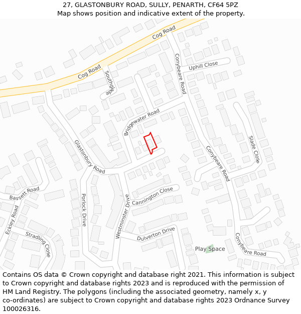 27, GLASTONBURY ROAD, SULLY, PENARTH, CF64 5PZ: Location map and indicative extent of plot