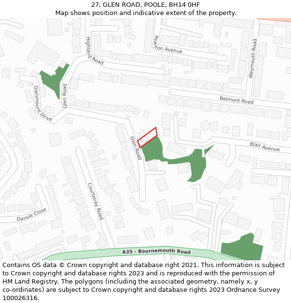 27, GLEN ROAD, POOLE, BH14 0HF: Location map and indicative extent of plot