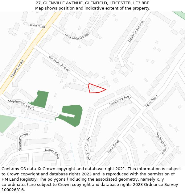 27, GLENVILLE AVENUE, GLENFIELD, LEICESTER, LE3 8BE: Location map and indicative extent of plot