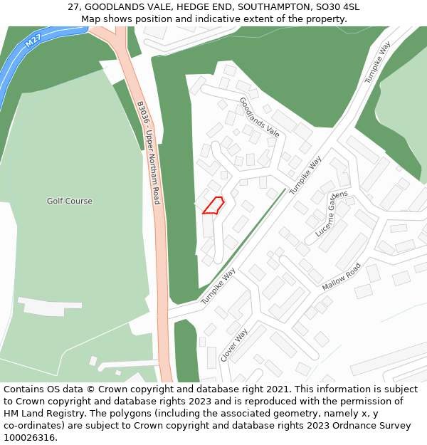 27, GOODLANDS VALE, HEDGE END, SOUTHAMPTON, SO30 4SL: Location map and indicative extent of plot