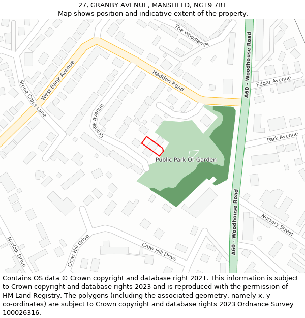 27, GRANBY AVENUE, MANSFIELD, NG19 7BT: Location map and indicative extent of plot