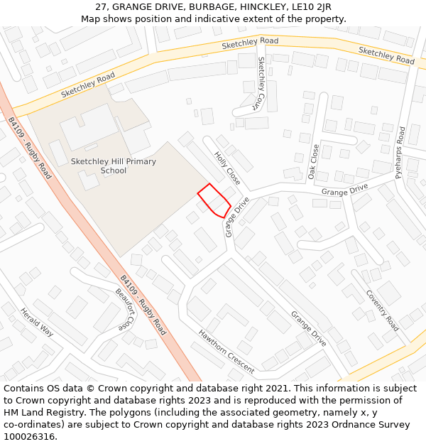 27, GRANGE DRIVE, BURBAGE, HINCKLEY, LE10 2JR: Location map and indicative extent of plot