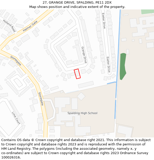 27, GRANGE DRIVE, SPALDING, PE11 2DX: Location map and indicative extent of plot