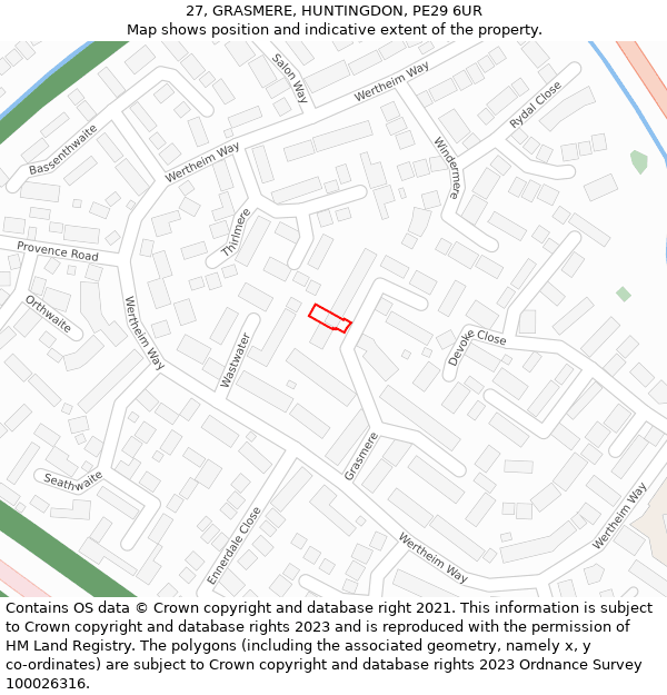 27, GRASMERE, HUNTINGDON, PE29 6UR: Location map and indicative extent of plot