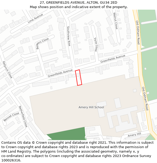 27, GREENFIELDS AVENUE, ALTON, GU34 2ED: Location map and indicative extent of plot