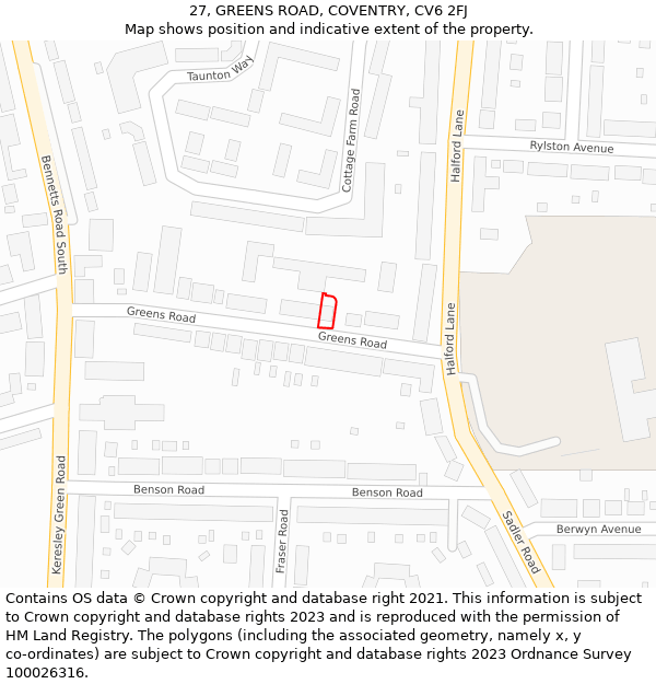 27, GREENS ROAD, COVENTRY, CV6 2FJ: Location map and indicative extent of plot