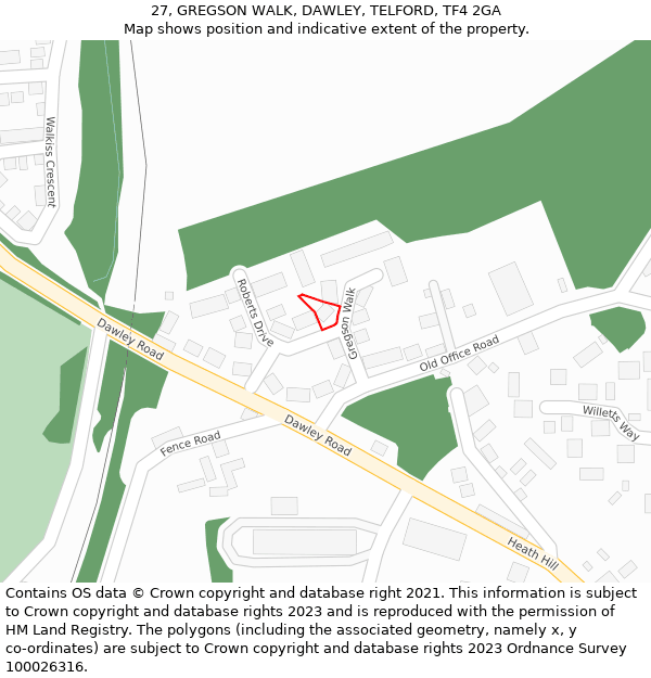 27, GREGSON WALK, DAWLEY, TELFORD, TF4 2GA: Location map and indicative extent of plot