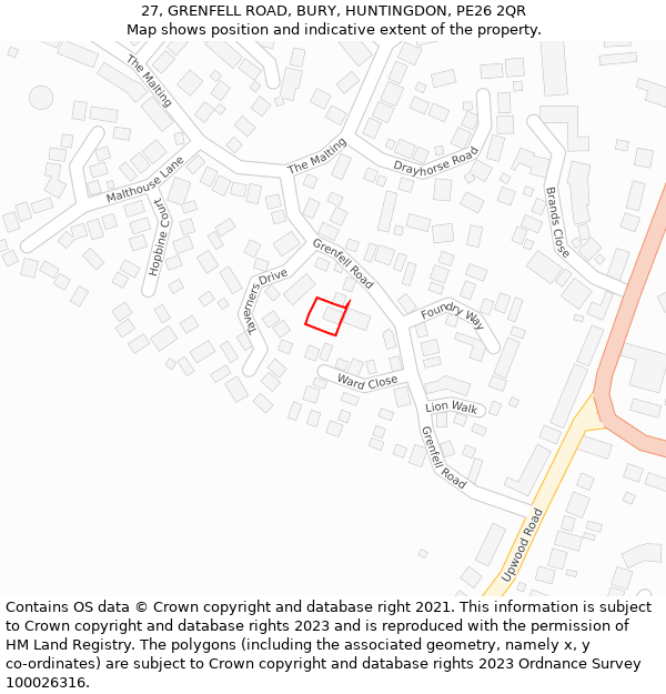 27, GRENFELL ROAD, BURY, HUNTINGDON, PE26 2QR: Location map and indicative extent of plot