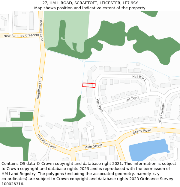 27, HALL ROAD, SCRAPTOFT, LEICESTER, LE7 9SY: Location map and indicative extent of plot