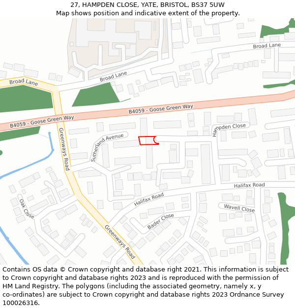 27, HAMPDEN CLOSE, YATE, BRISTOL, BS37 5UW: Location map and indicative extent of plot