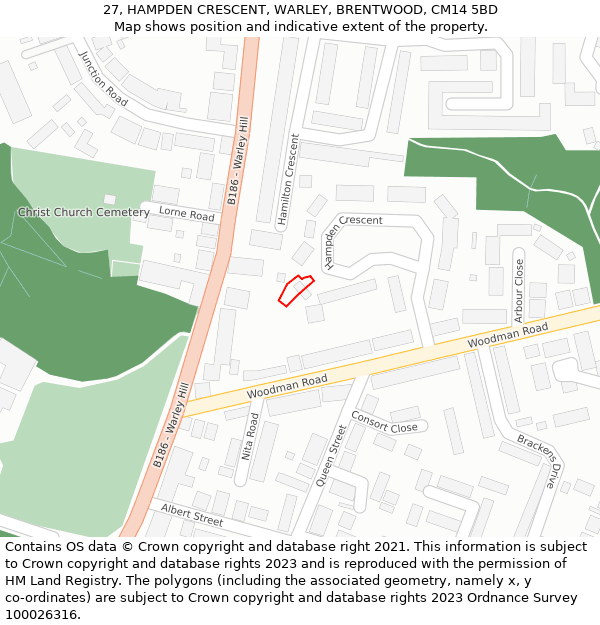 27, HAMPDEN CRESCENT, WARLEY, BRENTWOOD, CM14 5BD: Location map and indicative extent of plot