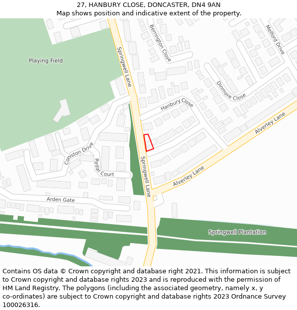 27, HANBURY CLOSE, DONCASTER, DN4 9AN: Location map and indicative extent of plot