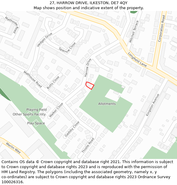 27, HARROW DRIVE, ILKESTON, DE7 4QY: Location map and indicative extent of plot