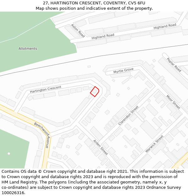 27, HARTINGTON CRESCENT, COVENTRY, CV5 6FU: Location map and indicative extent of plot