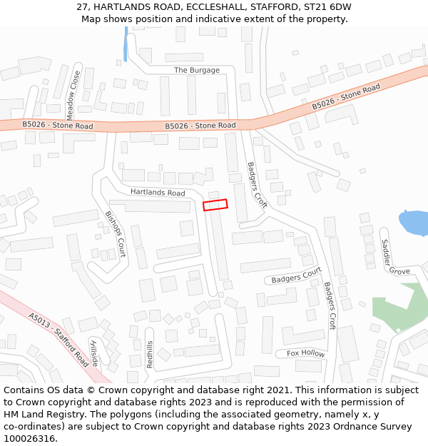 27, HARTLANDS ROAD, ECCLESHALL, STAFFORD, ST21 6DW: Location map and indicative extent of plot