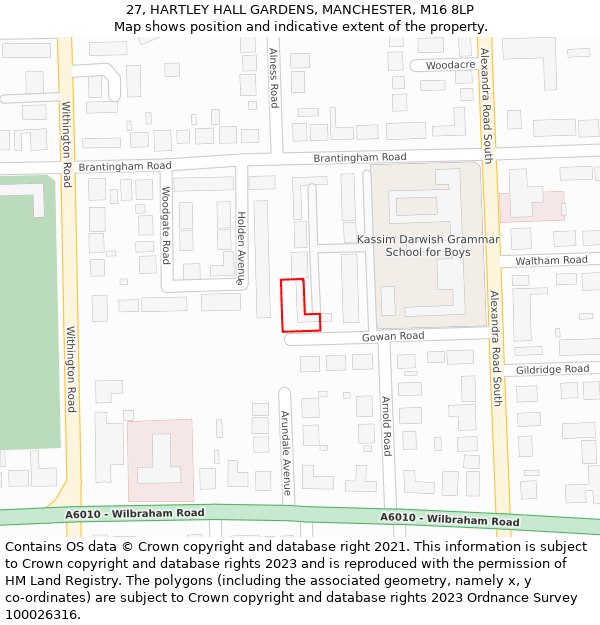 27, HARTLEY HALL GARDENS, MANCHESTER, M16 8LP: Location map and indicative extent of plot