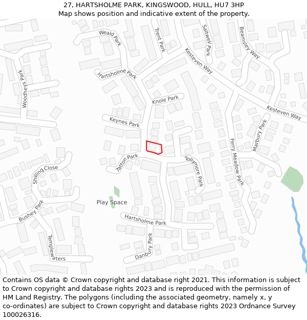 27, HARTSHOLME PARK, KINGSWOOD, HULL, HU7 3HP: Location map and indicative extent of plot