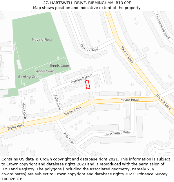 27, HARTSWELL DRIVE, BIRMINGHAM, B13 0PE: Location map and indicative extent of plot