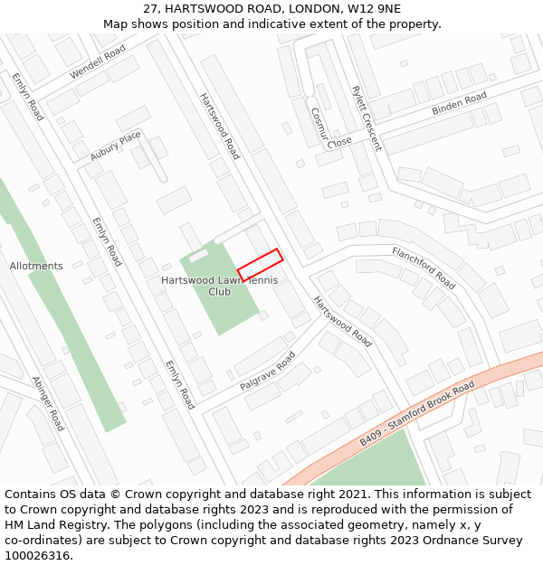 27, HARTSWOOD ROAD, LONDON, W12 9NE: Location map and indicative extent of plot