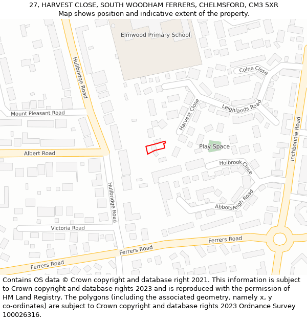 27, HARVEST CLOSE, SOUTH WOODHAM FERRERS, CHELMSFORD, CM3 5XR: Location map and indicative extent of plot